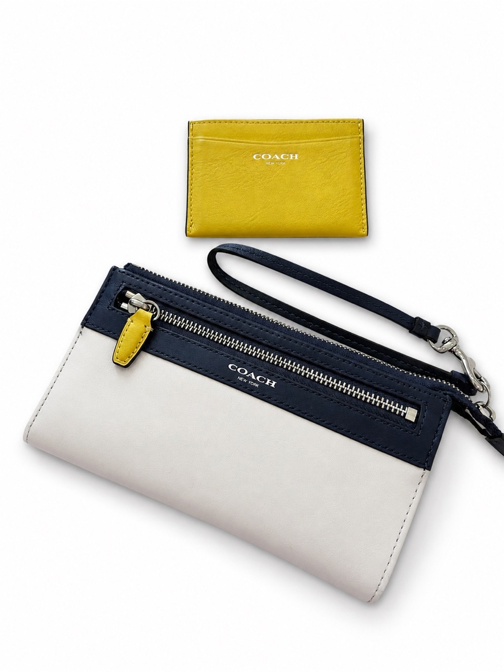 Coach Legendary Purple Cream and Navy Leather Wristlet with Yellow Card Case